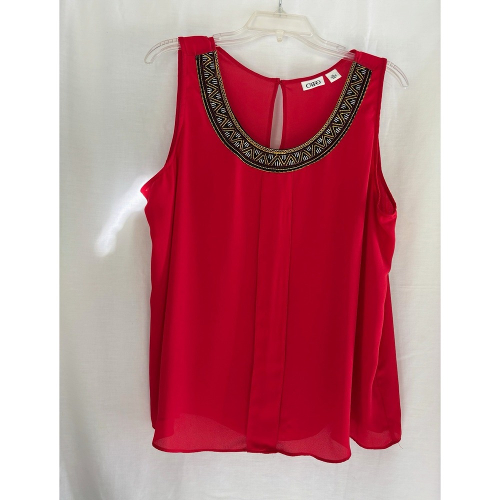 Cato Women's Red Chiffon Tank Top Embroidered Scoop Keyhole Neck Pullover XL